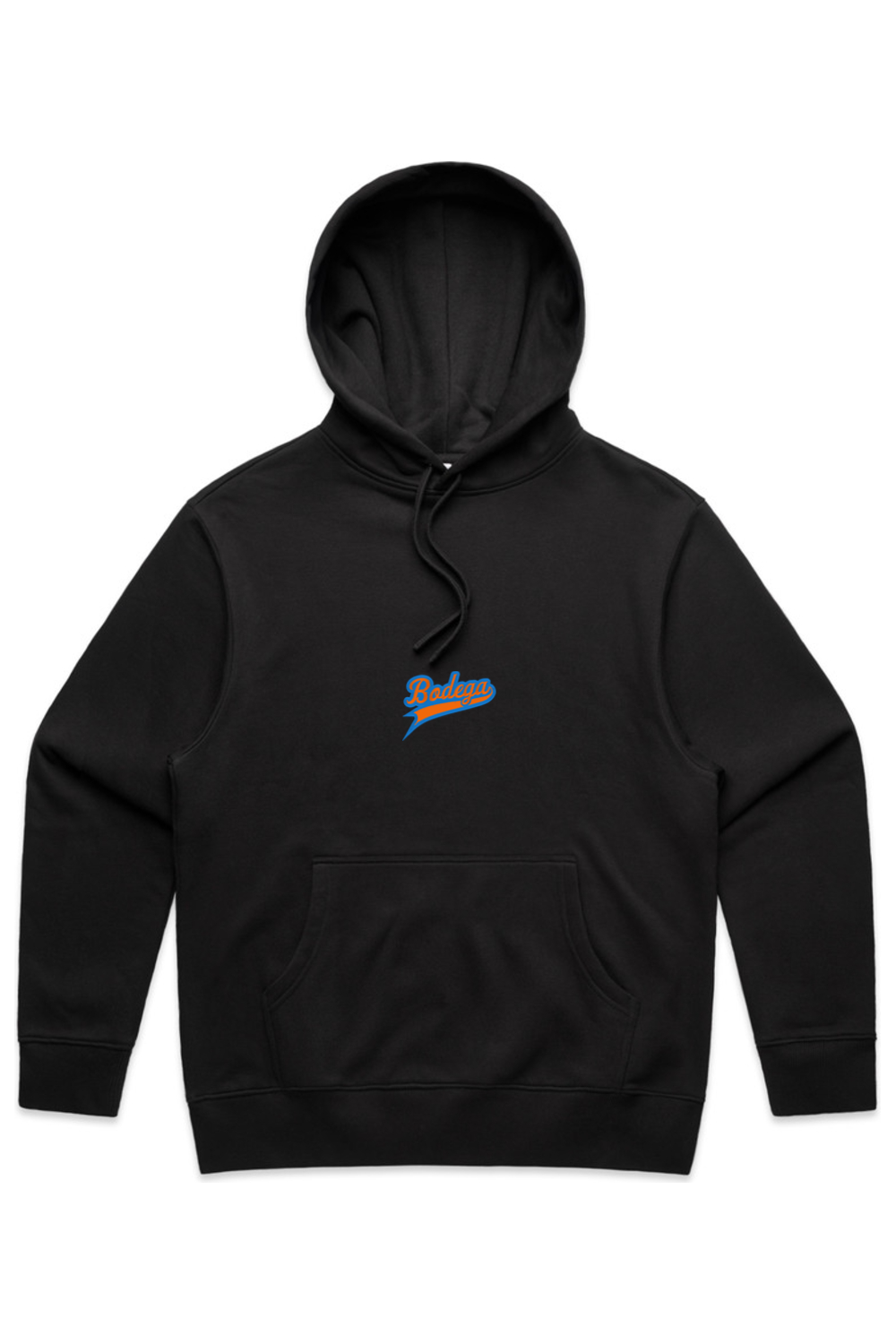 Black hoodie with a logo on the chest against a white background