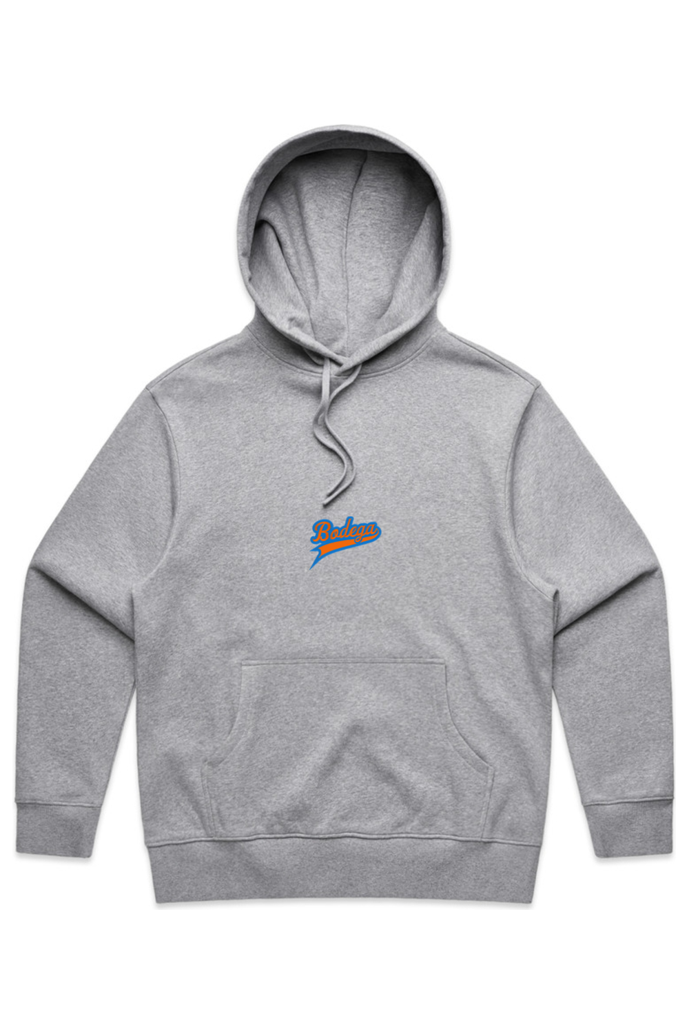 Gray hoodie with a small logo on the chest against a white background